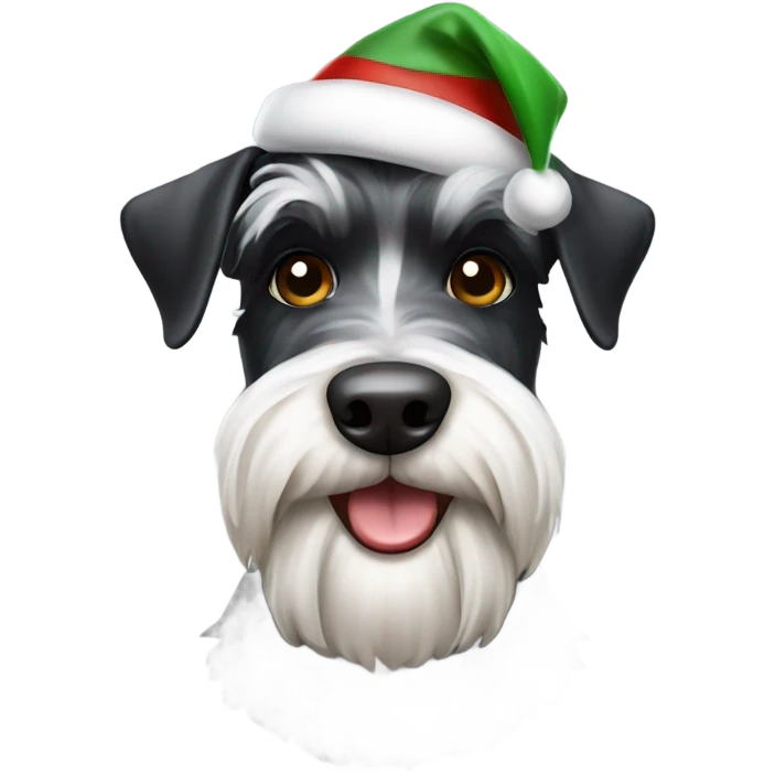 Spotted black and white schnauzer with Christmas hat emoji