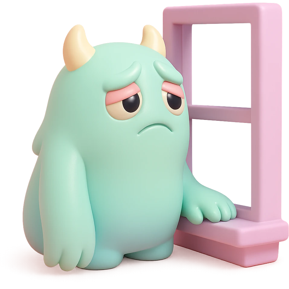 monster looking out a window, longing expression, soft pastel palette, toy-like vinyl figure style emoji