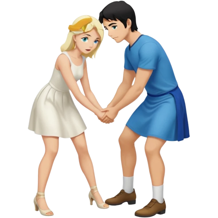 Man, black Hair, blue eyes, whole body, Woman, bending knees, blonde, green eyes, White Dress, emoji