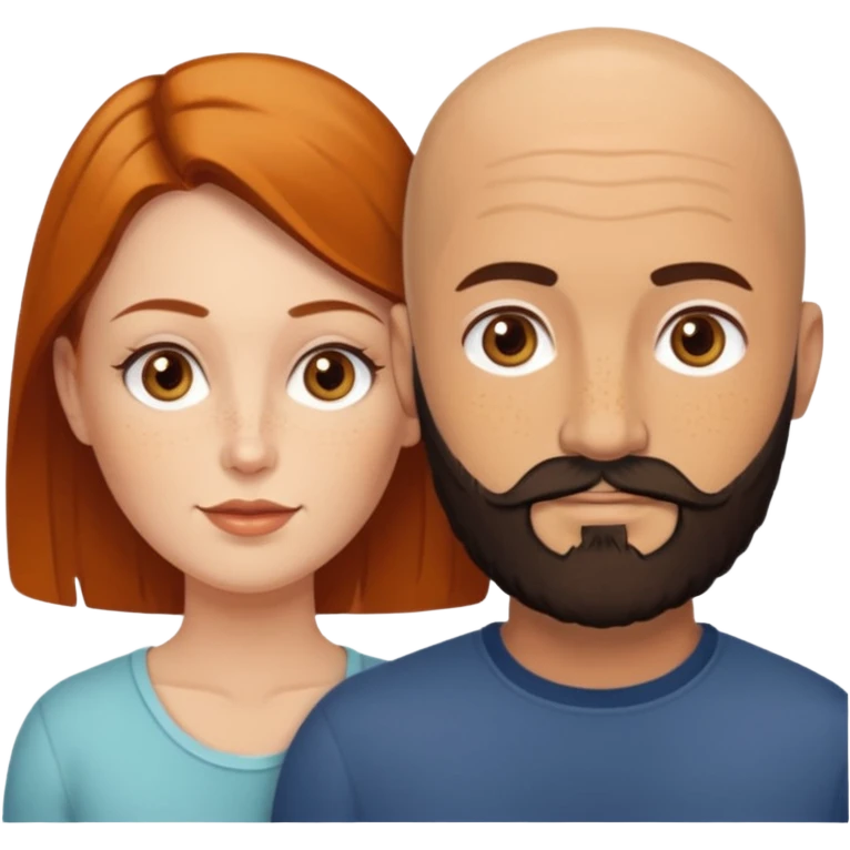 Couple. Bald man with dark brown-black beard. White woman with many small, faded freckles, white skin and she has auburn-yellow-brown-caramel, dark hair. She has light orange-brown eyes. The man have hazel eyes. Retro style. emoji