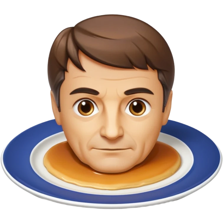 flan shaped as François Fillon's head and shoulders, glossy caramel hair, flan texture, on a white round plate emoji