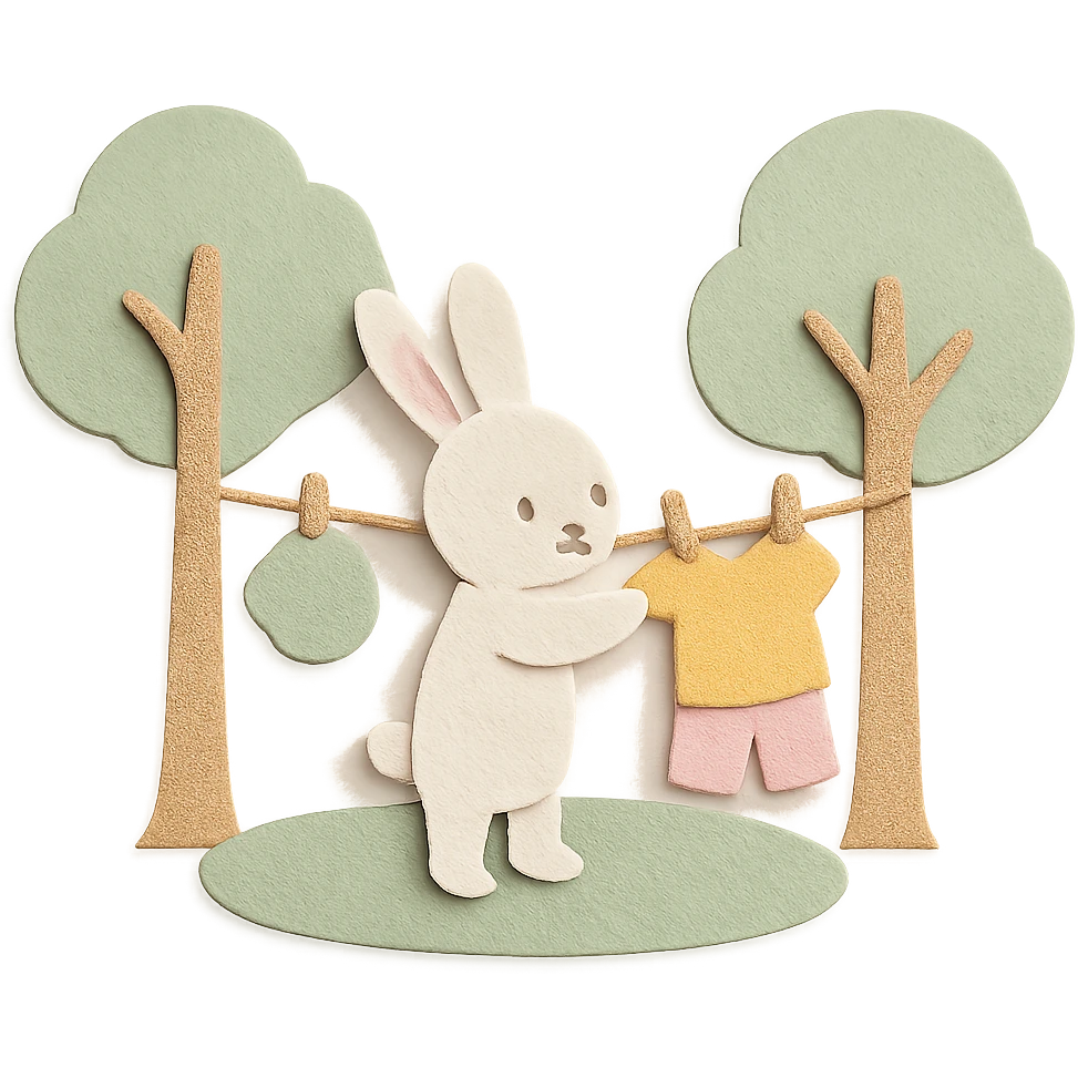 a bunny hanging laundry between trees, calming domestic forest feel, soft pastel colors, paper craft style emoji