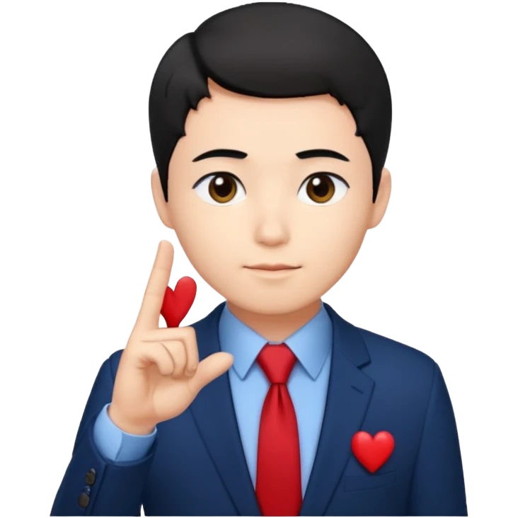 A man in very black short hair with all back hair style, wearing dark blue suit and red tie, making a Korean finger heart like photo emoji