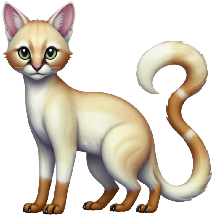 Colorful dark tropical pearly-albino-white iridescent glorious divine exotic cute cool beautiful shiny beautiful fantasy-caracal-civet-genet-sergal-vernid-Cacomistle-oncilla-animal-Fakémon-hybrid-fursona (full body) emoji