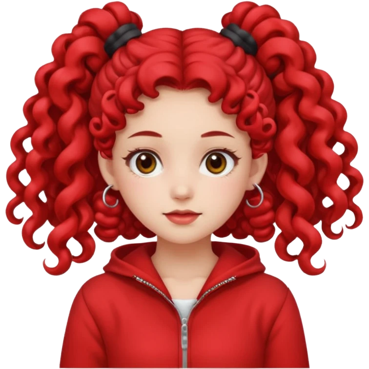 Give her long curly hair with two space buns up and red clothes emoji