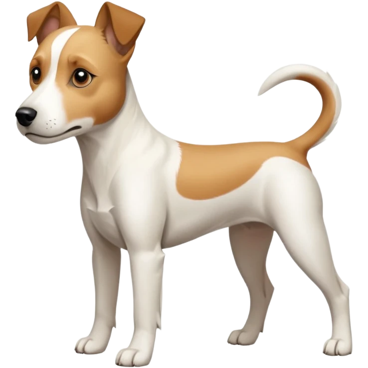a full body facing front on of a buff white parson russell terrier looking dog the size of a kelpie with light brown long ears and a light brown patch on one eye and a large snout. the rest of the dog is completely white.  emoji