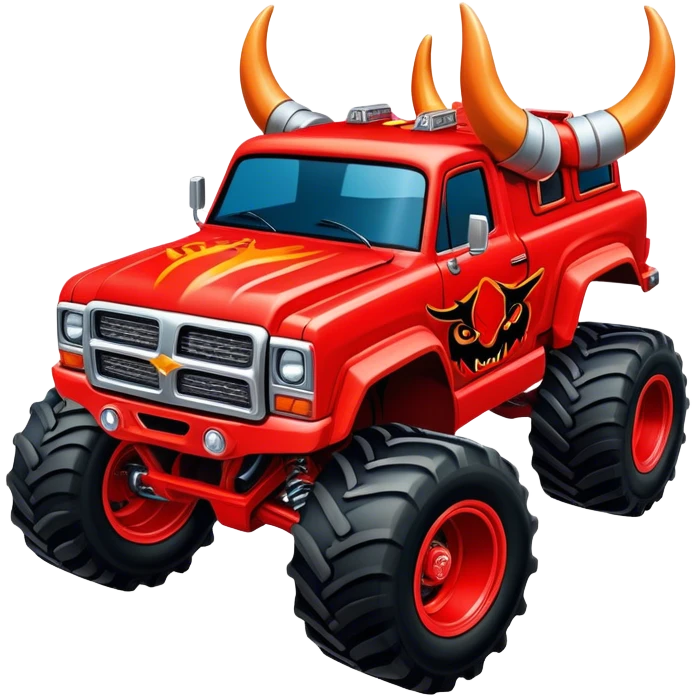 El Toro Loco - Monster Jam (Model Year: 2022) (Iconic colour: Red with horns) - An eye-catching monster truck with a wild, rebellious design in bold red. Include stylized, large horn graphics and aggressive facial elements that evoke a bull-like, ferocious appearance, exuding daring and unstoppable force. emoji