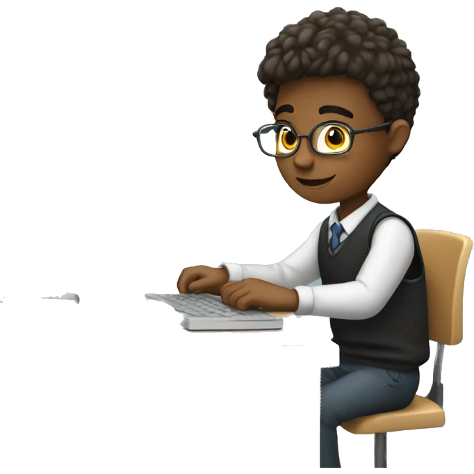 schoolboy sitting at desk, working at computer emoji