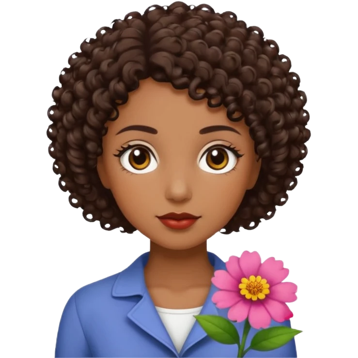 mulher com cabelo cacheado curto com uma flor ao lado, pele parda, olho castanho escuro emoji