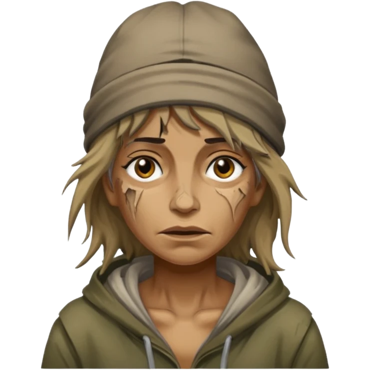 very dirty looking homeless woman with ripped hat with ugly hair emoji