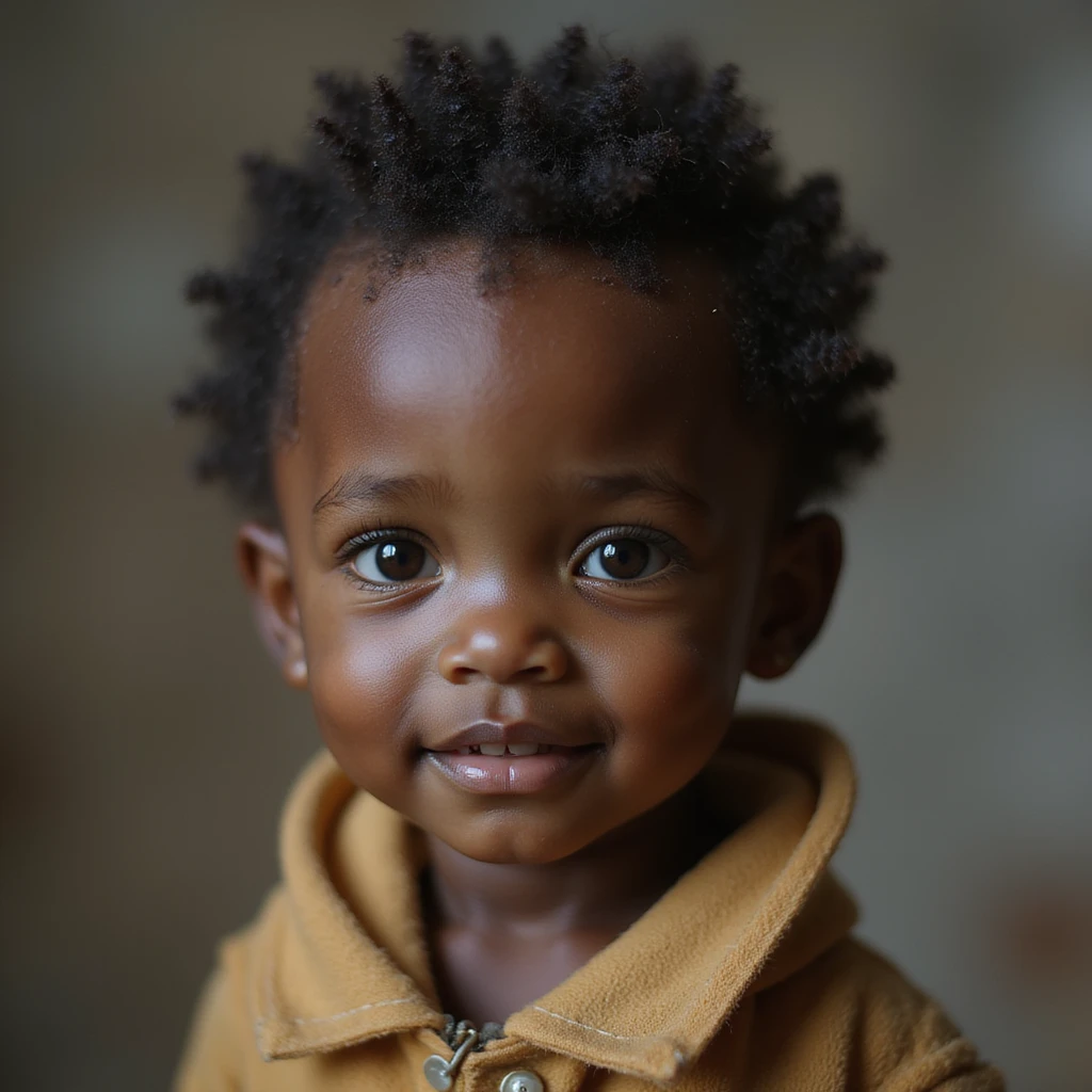 a realistic miniature black child with a warm expression, detailed face, natural skin tone, lifelike details emoji
