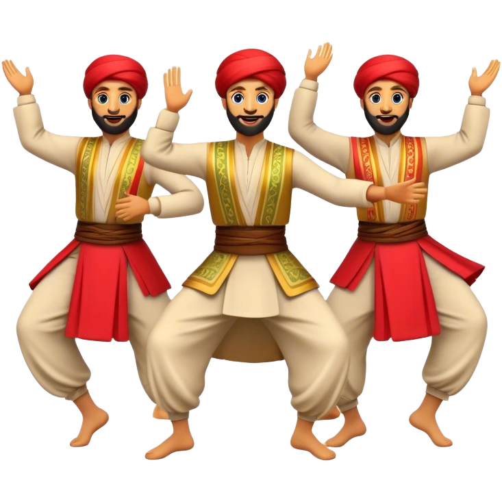 Cinematic Realistic Dabke Dance Emoji, depicted as an energetic traditional Lebanese folk dance with vibrant costumes and rhythmic movements, rendered with dynamic textures and festive natural lighting that captures its communal joy. emoji