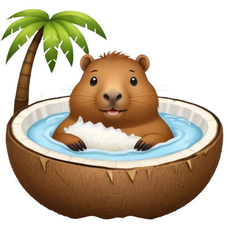 Happy capybara relaxing inside a halved coconut like a bathtub emoji