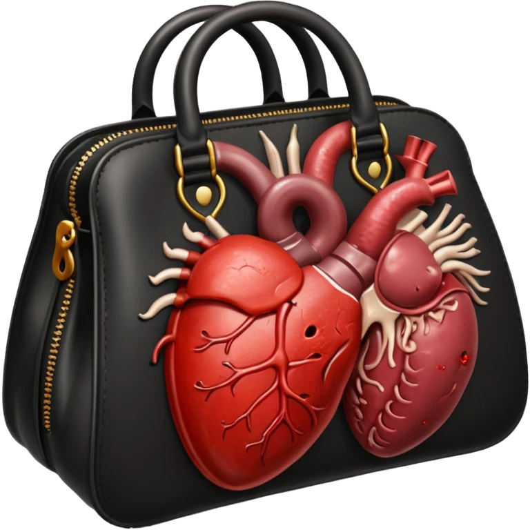 A black designer handbag, unzipped and spilling out raw, graphic organs—intestines, heart, liver—wet, and bloodied. violent or visceral extraction. The contents are unmistakably organic and human, with visible veins, texture, and flesh detail.  
 emoji