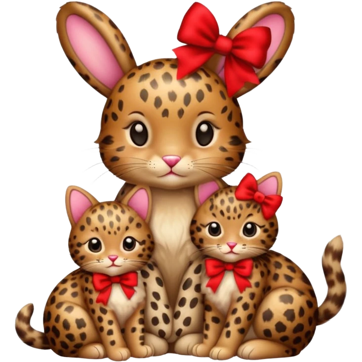 Leopard print bunny and kitten with red bows sitting together emoji