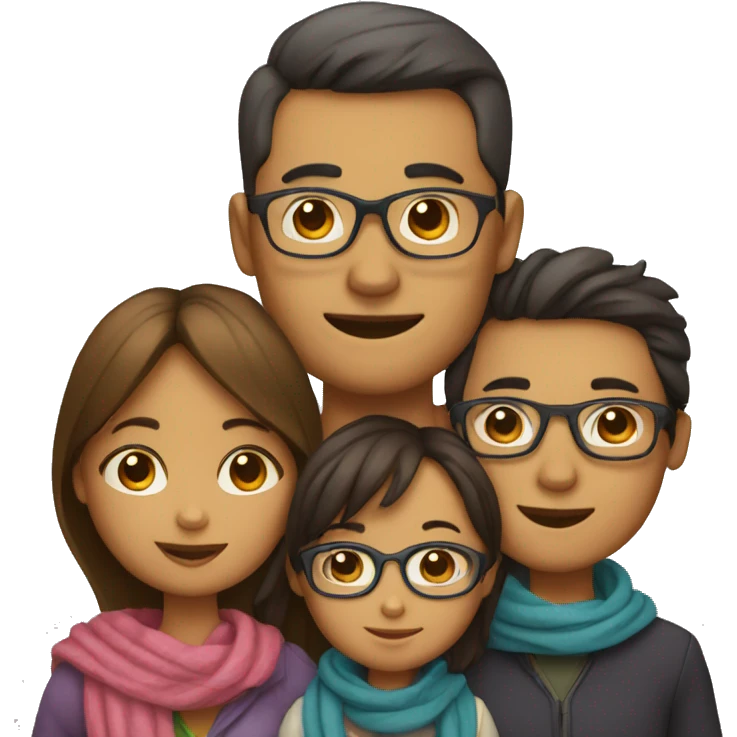Draw a family of 4 consisting of a father with glasses, a mother with a scarf, a 3-year-old girl and a baby boy. emoji