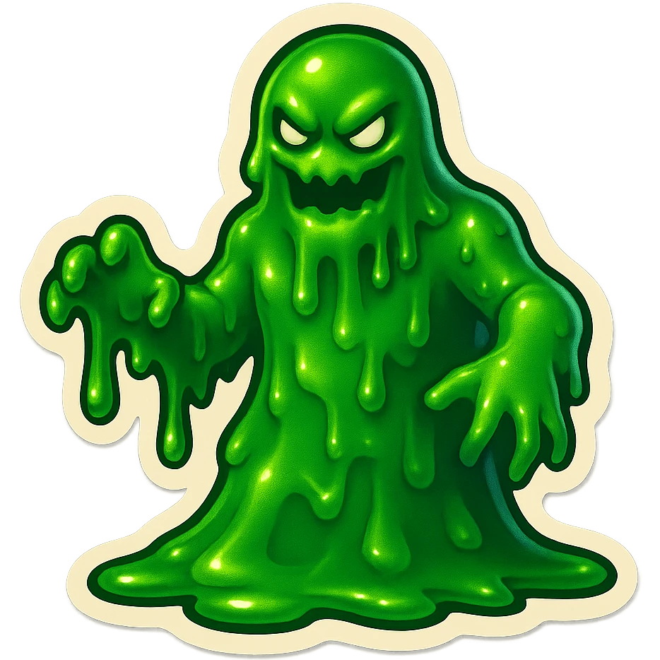 Slime monster. green slime. scary sinister. slime attacks. show full body. more dripping slime. talk humanoid slime creature. sinsiter and scary...green slime. has 2 arms and a vague head emoji