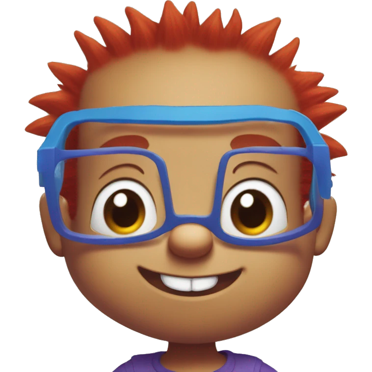 Rugrats, a red-haired one year baby with spiky hair and only 2 front teeth wearing purple square glasses and a blue shirt with red trim emoji