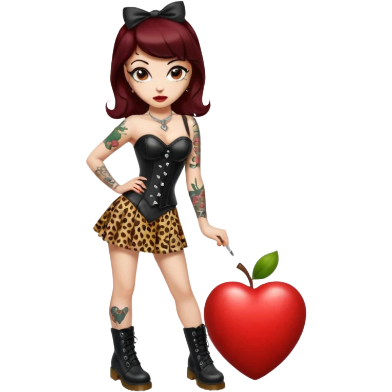 compact pin-up girl, white skin, heart-shaped face, big eyes, dark red lips, brown hair with rockabilly bangs and blonde streak, leopard and black leather corset, black pencil skirt, Dr. Martens boots, old school tattoos, Apple/iPhone emoji style, transparent background emoji