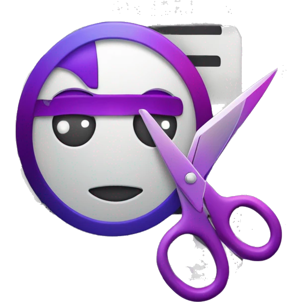 Design a sleek and professional video editing icon featuring a film strip, a play button, and a pair of scissors. Incorporate color correction sliders and subtle glowing effects. Use purple shades with gradients to create a modern, eye-catching look. emoji