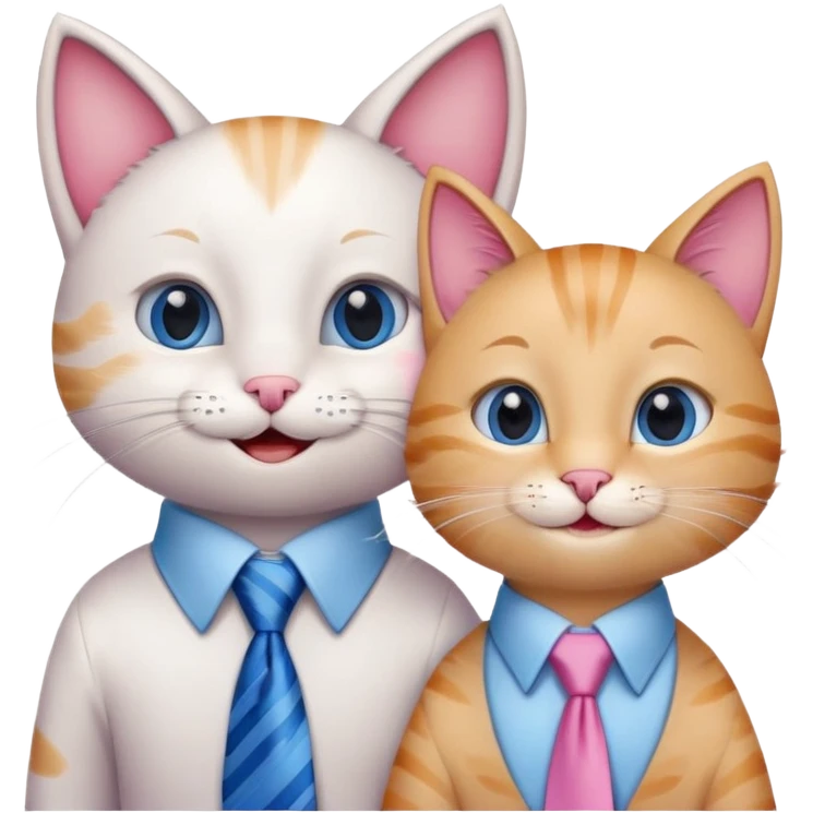 happy girl cat with eyelashes wearing a pink necktie and happy boy cat wearing a blue necktie, standing close together, both smiling emoji