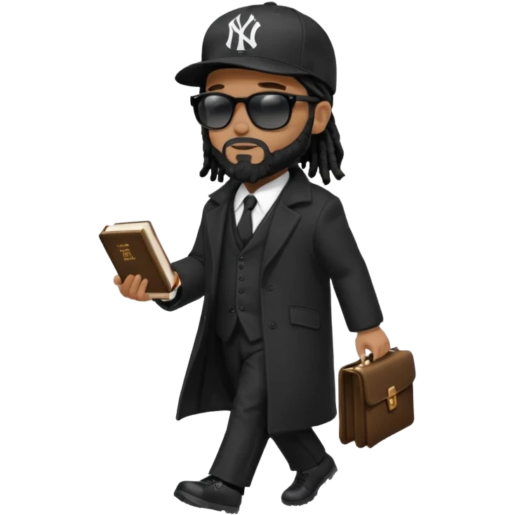 African American man with shoulder length black dreadlocks with black beard wearing black sunglasses wearing a black bubble winter coat wearing a black New York Yankees logo baseball cap wearing a suit and tie walking with a Bible in hand emoji