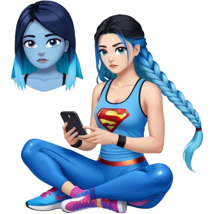 Shameful and disappointed-Female-very very very large chest-texting on a samsung cell phone-very long straight braided black to sky blue hair ombre-blue eyes-black eyeliner-long eyelashes-iridescent sky blue low cut tank top with glitter superman logo-matching leggings-nike hightop sneakers emoji