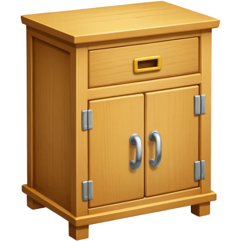 Compact emoji-style icon showing a small wooden cabinet with one door slightly open, a hammer resting beside it, and a plank of wood leaning in the background. Light brown wood tones, silver hammer head, yellow handle. Soft shadows, clean glossy look.  emoji