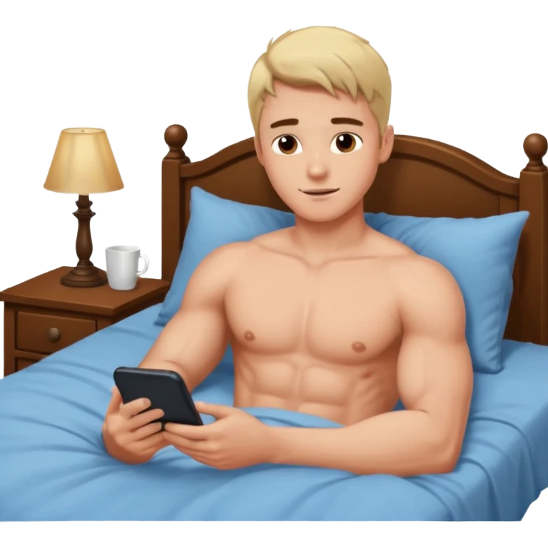 парень накаченный молодой красивый парень со светлыми волосами и черно кориченывыми глазами без футболки лежит на кровати и листает телефон    emoji