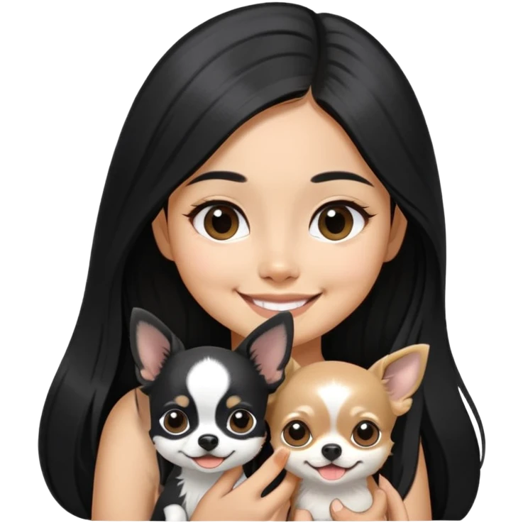 Smiling Thai girl with long black hair petting a tiny black and white Chihuahua emoji