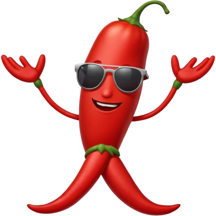 A chili pepper, with legs, arms, and a face. It can be seen wearing sunglasses emoji