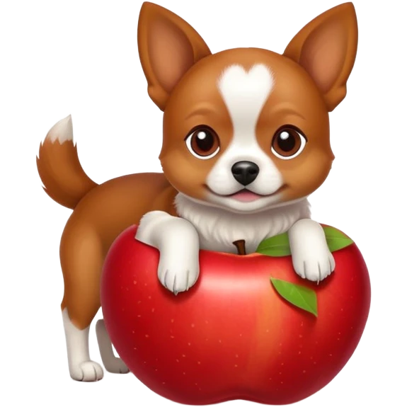 A small dog is lying on a big apple emoji