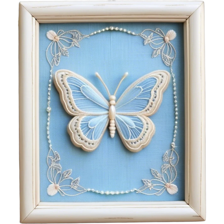 An antique ivory ribbon, embroidered with delicate silver filigree, twists gracefully over a weathered wooden table. A pale blue butterfly, its wings kissed with hints of opalescent shimmer, lands softly on the knotted bow. Around it, tiny pearl beads are scattered like dewdrops, catching the soft glow of candlelight. emoji