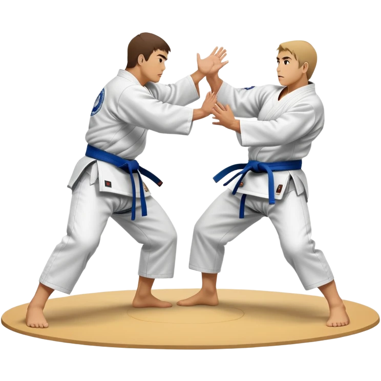 Two judo practitioners in traditional gi, one executing a powerful throw while the other is countering with a defensive move. The background features a judo mat and a focused dojo atmosphere. Transparent background highlights the precision and technique of judo. emoji