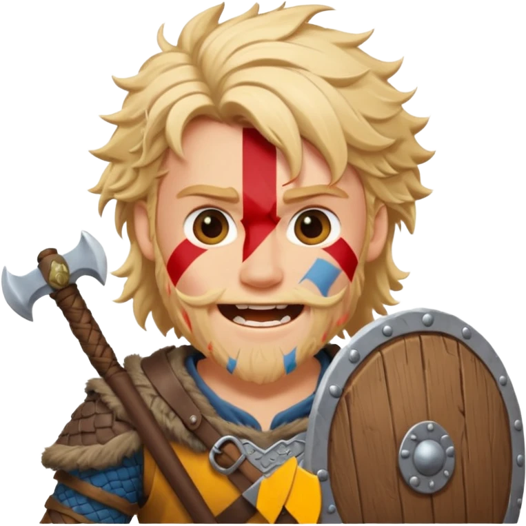 A young Viking warrior with messy blond hair, wooden shield, and fierce excited grin.
 emoji