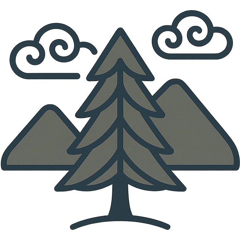 simple single evergreen tree with clouds and mountain in Slavic folk art style, dark neutral forest colors, suitable for favicon or emoji emoji
