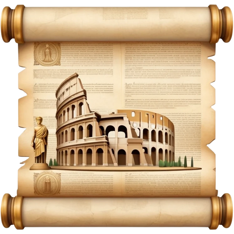 An icon featuring an ancient scroll, surrounded by famous historical landmarks and statues of notable figures, like the Colosseum or Napoleon. The design symbolizes the exploration of history through monuments and people. Transparent background highlights the pas emoji