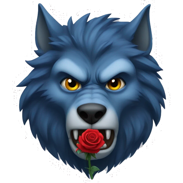 depressed blue werewolf, with a serious face, holding a rose in his mouth emoji