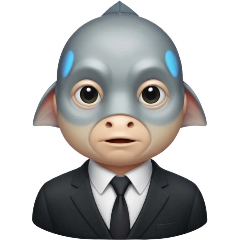 A fish man dressed in a black suit. Its face is grey fish. Just a fish. And The fish is facing upward. The fish’s neck connects smoothly with the collar of the suit. emoji