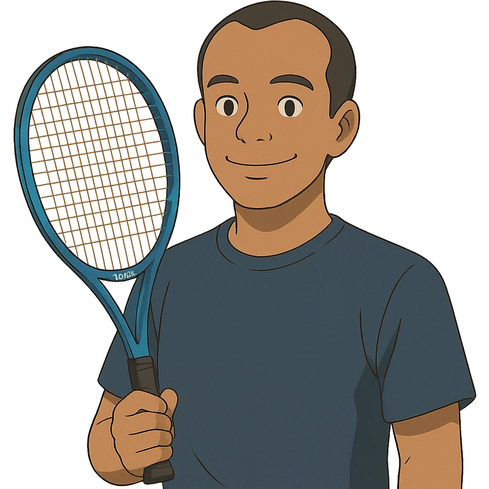 ghibli style light brown skinned tennis coach, short straight black hair with widow's peak, oval face, small eyes, smiling, holding blue Yonex racket, wearing navy blue dry fit shirt emoji
