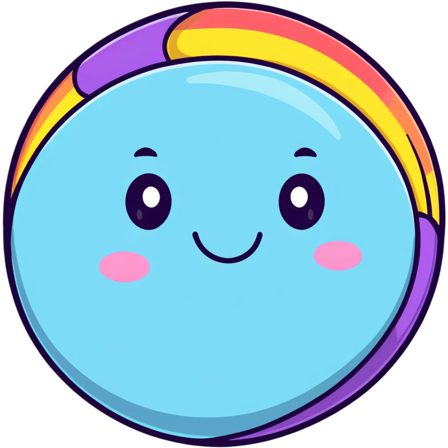 round planet with rainbow stripes in all colors and a cute happy face emoji
