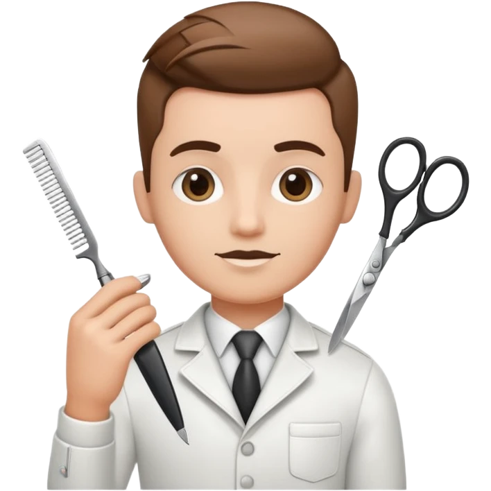 virtual assistant character in a small barber shop, holding scissors and comb emoji