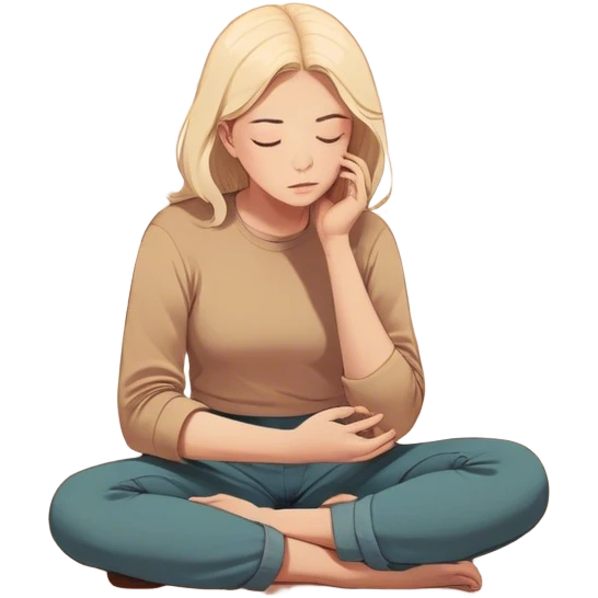 A person sits with their hands gently resting on their lap, eyes closed, exhaling slowly. Above them, a swirling thought bubble holds the words guilt and discomfort, but they don’t push it away—they just sit with it. In the background, a clock ticks softly, symbolizing the pause before responding.  emoji