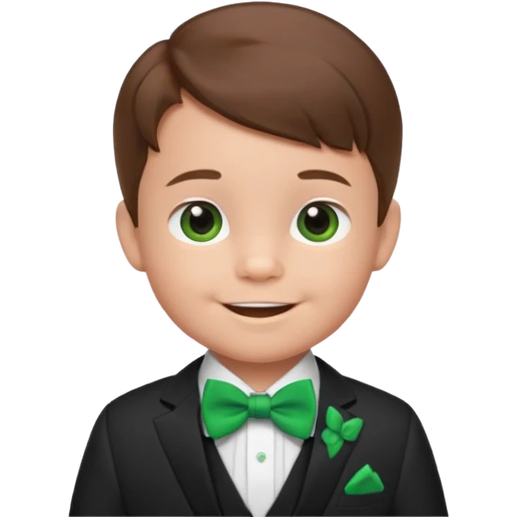 baby boy, brown hair in suit, with green bow, smile emoji