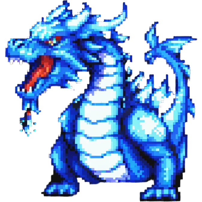 pixel art style dragon breathing blue fire from its mouth, animated emoji