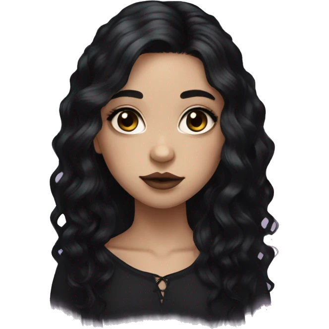 goth girl with long wavy black hair, almond shaped hazel eyes light skin with blush  emoji