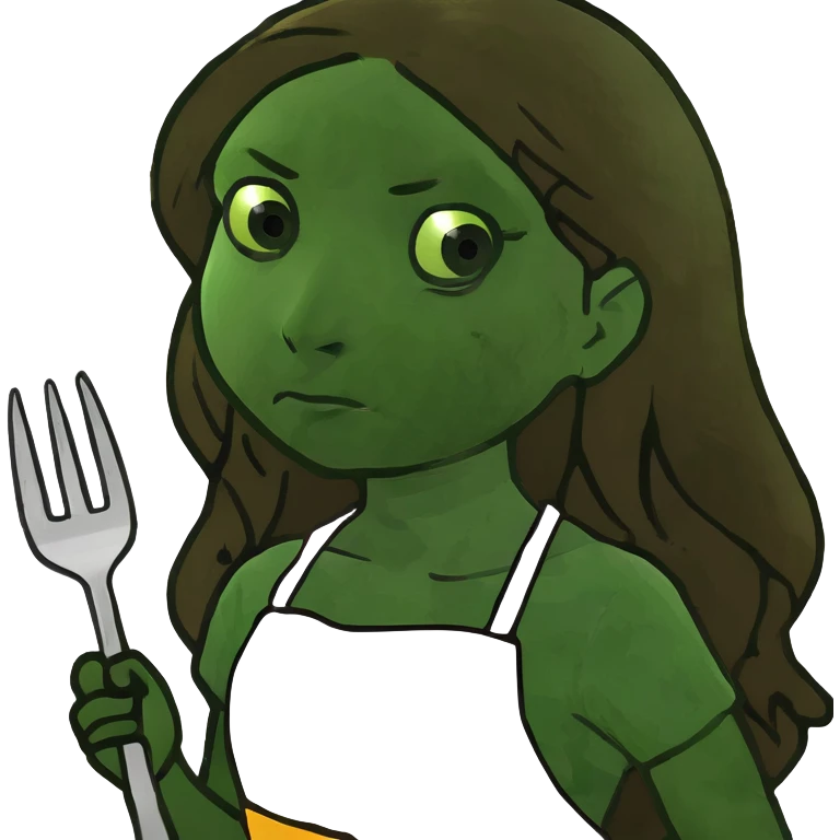 Hungry white girl with brown long hair, thinking sadly about food with fork in a hand emoji