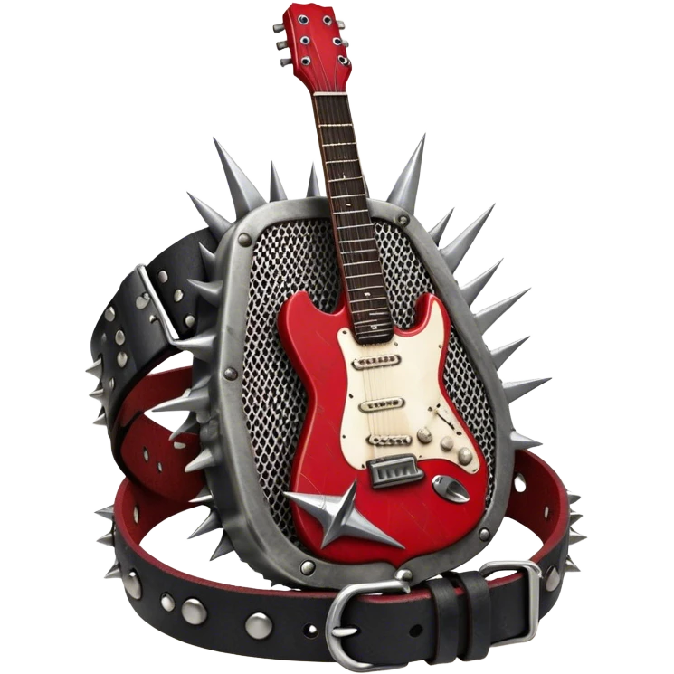 Create a powerful and dynamic humanless emoji representing rock vocals. The design should feature a classic vintage microphone with a rugged, distressed look, surrounded by elements like a guitar pick, electric guitar neck, and sound waves to reflect the raw energy of rock music. Add subtle details such as a spiked bracelet, leather textures, or bold lightning bolts to evoke the rebellious and intense spirit of rock. Use dark, edgy colors like black, red, silver, and metallic accents to emphasize the fierce, loud, and passionate nature of rock vocals. The background should be transparent. emoji