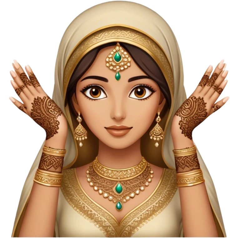 An Arab woman,showcasing her beautifully adorned hands with intricate henna designs and long, elegant nails. She wears multiple gold rings that complement her shimmering golden Arabic traditional outfit. emoji
