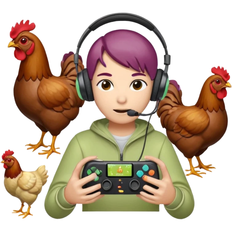 Pack emote, Sfondo trasparente e Dimensioni: (28x28, 56x56, 112x112) 
Stile Gamer: Il radicchio indossa cuffie da gaming e interagisce con controller o schermi, mentre i polli appaiono come icone di supporto o spettatori, colore font diverso in ogni emote emoji